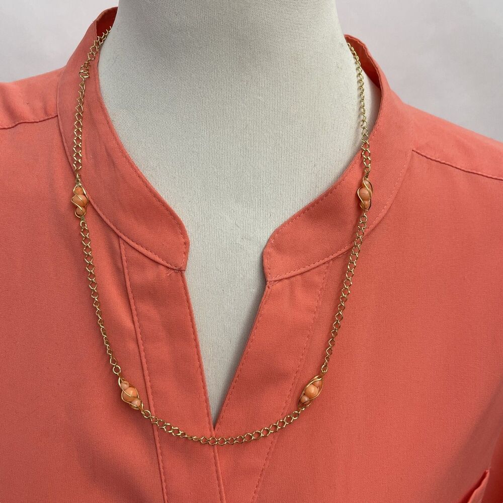Avon‎ Gold-tone Chain Apricot Orange Beads Women's Fashion Necklace